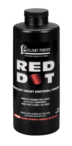 tall black container of Red Dot Smokeless Powder