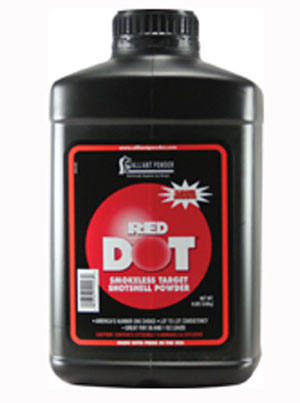 Large black container of Alliant Red Dot Smokeless Powder