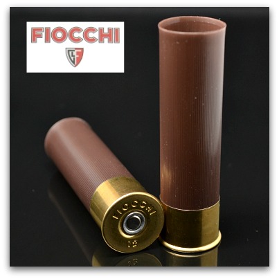 Close-up of two Fiocchi 12 gauge brown hulls.