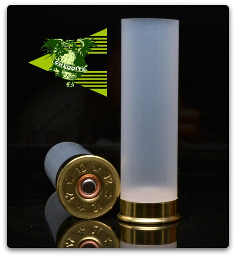 Close-up of two Cheddite 12 gauge hulls.