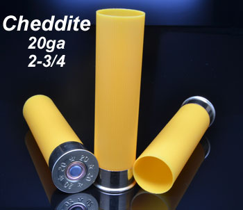 Close-up of three Cheddite 20 gauge hulls.
