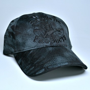 Close-up of black camo hat.