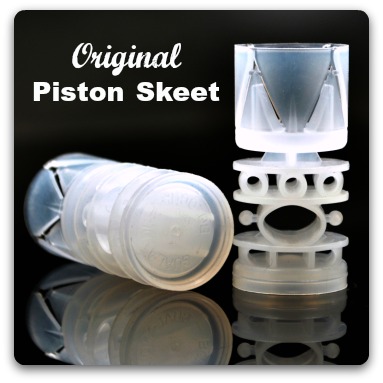 Close-up of two Piston Skeet 12 gauge wads.